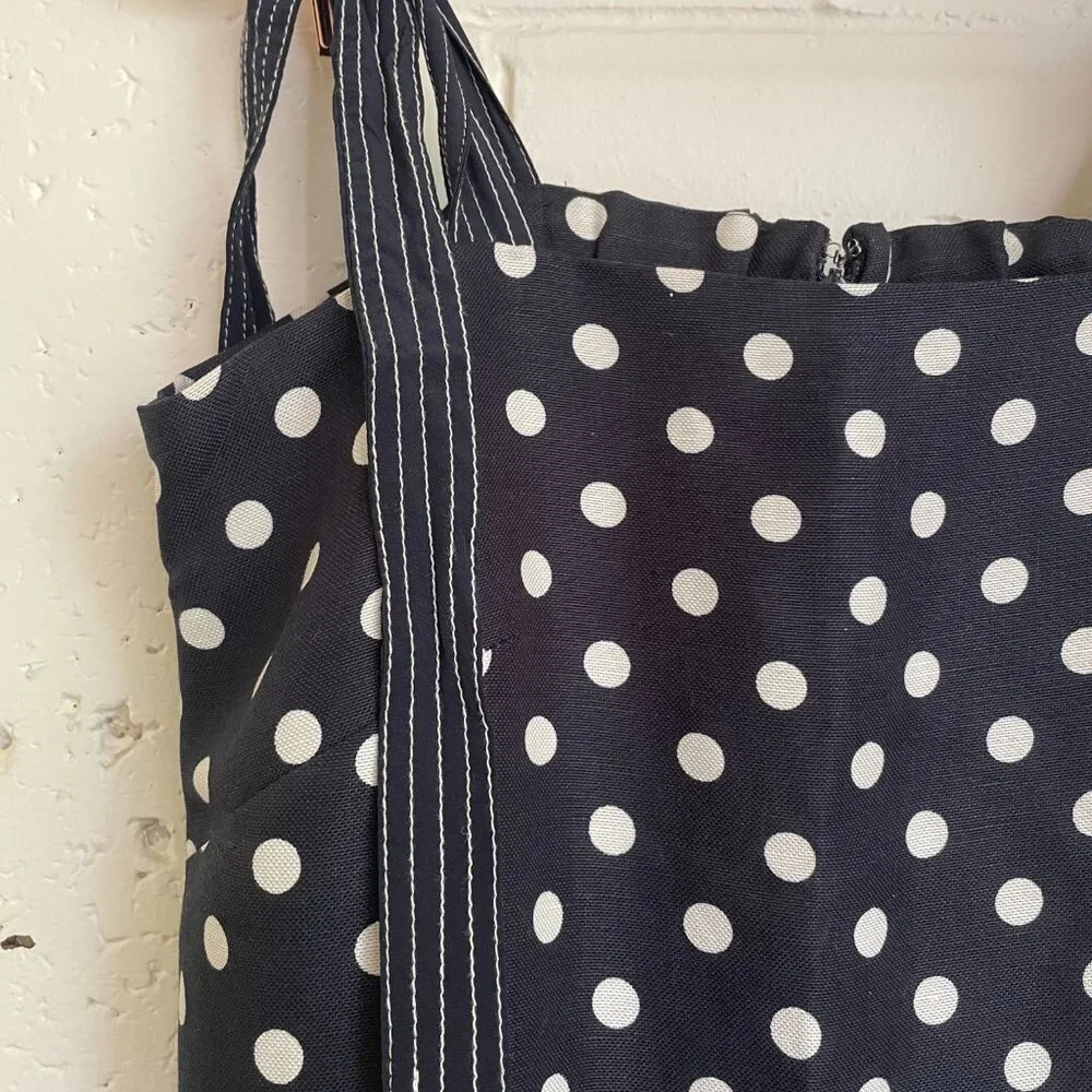 J. Crew | Navy Blue/White Polka Dot Linen/Silk Blend Tie-Shoulder Dress 4 - Picture 5 of 8